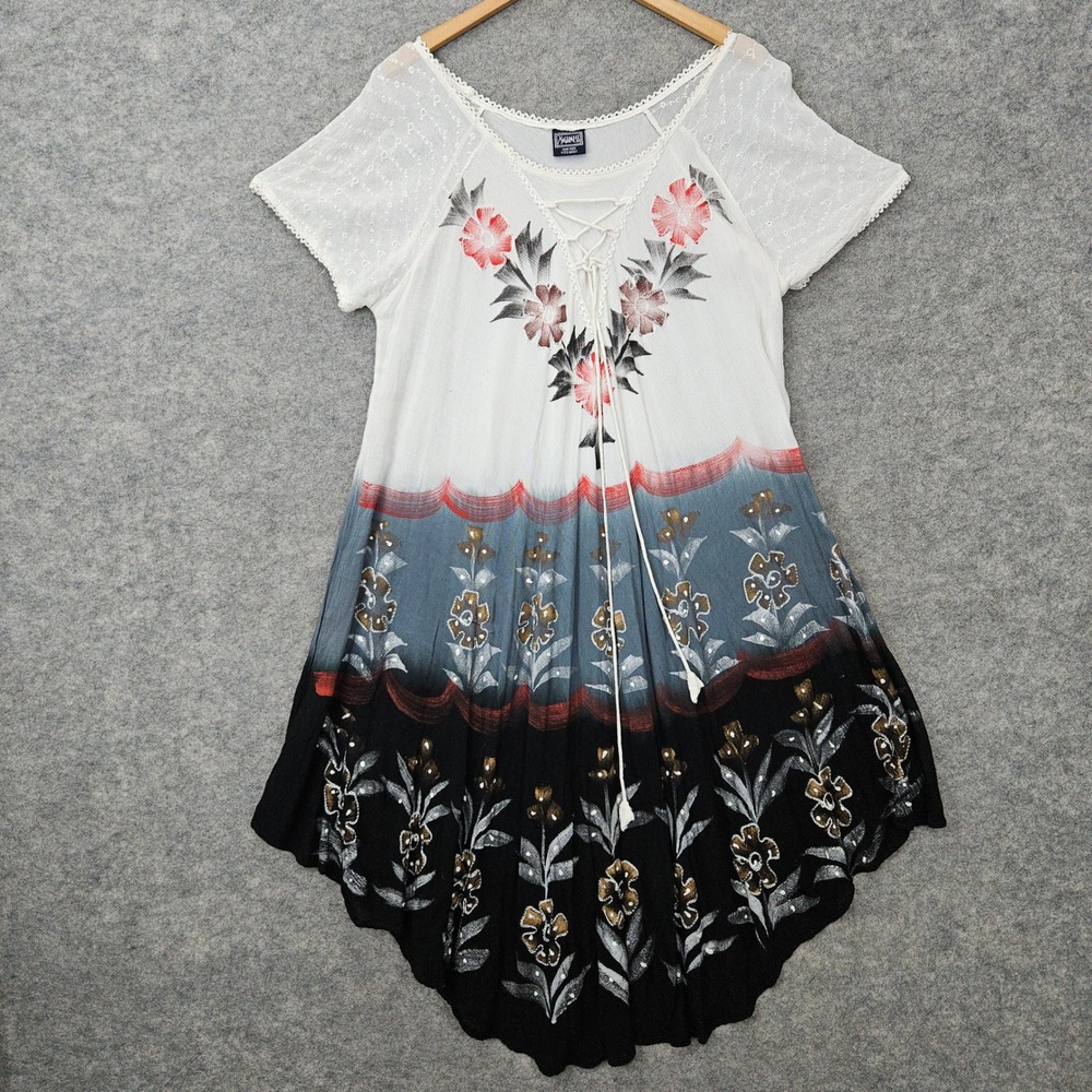 Highness Tunic Dress Womens OS White Blue Floral Lace Up Boho Eyelet Rayon SPOTS